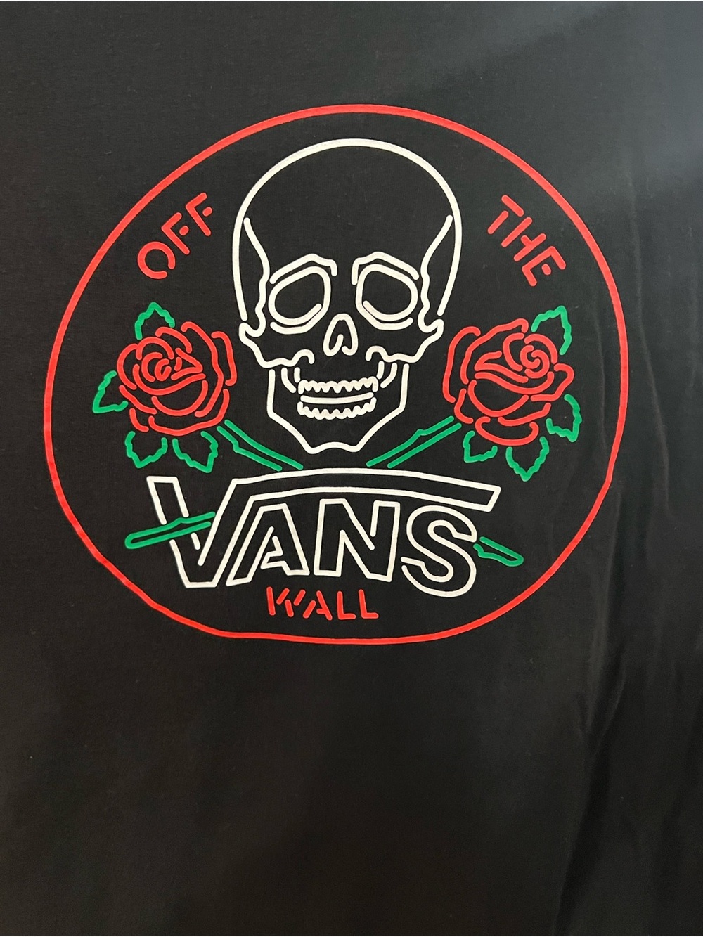 Vans Black Tee with White Skull and Red Roses Graphic